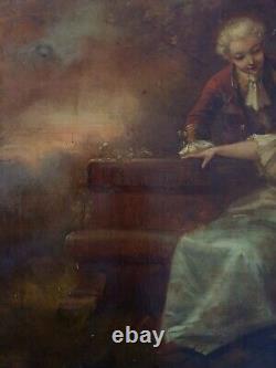Ancien Grand Tableau Huile Sur Panneau Scene Galante Epoque Napoleon III