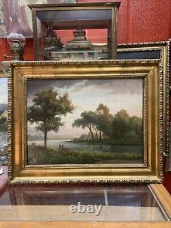 Ancien Grand Tableau Huile Sur Toile Paysage Bord De Rivière XIXe