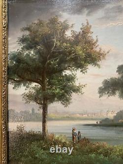 Ancien Grand Tableau Huile Sur Toile Paysage Bord De Rivière XIXe