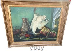 Ancien Grand Tableau Nature Morte Scène De Chasse Peinture Huile Sur Toile Signe