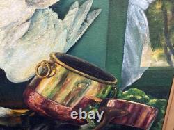 Ancien Grand Tableau Nature Morte Scène De Chasse Peinture Huile Sur Toile Signe