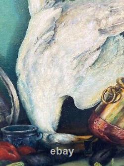 Ancien Grand Tableau Nature Morte Scène De Chasse Peinture Huile Sur Toile Signe