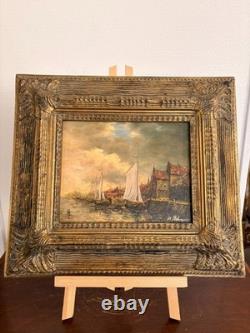 Ancien Huile Panneau Bois Marine Bateau Port Hollandaise Flamande XIXème