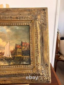 Ancien Huile Panneau Bois Marine Bateau Port Hollandaise Flamande XIXème