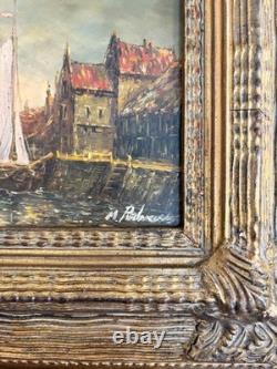 Ancien Huile Panneau Bois Marine Bateau Port Hollandaise Flamande XIXème