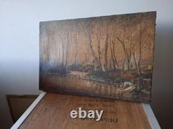 Ancien Huile sur Toile Paysage Sous Bois Forêt lavandières Signé A Grange 1934