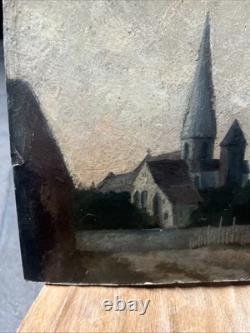 Ancien Huile sur panneau paysage église 1915 signé