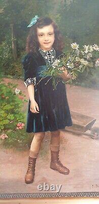 Ancien Huile sur toile Portrait de jeune fille signe Émile Brunet 1910