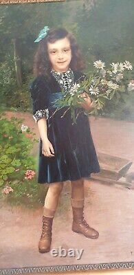 Ancien Huile sur toile Portrait de jeune fille signe Émile Brunet 1910