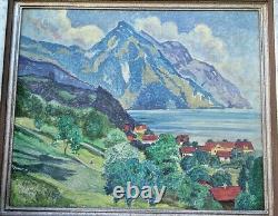 Ancien. Huile sur toile montagne Suisse, signée. Ecole Hodler