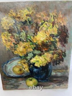 Ancien Huile sur toile nature morte XXe signé Oil Painting on Wood Floral