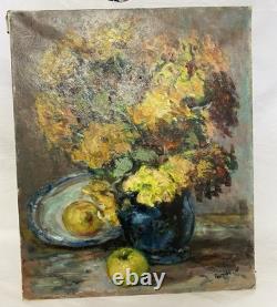 Ancien Huile sur toile nature morte XXe signé Oil Painting on Wood Floral