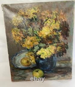 Ancien Huile sur toile nature morte XXe signé Oil Painting on Wood Floral