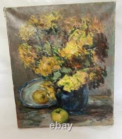 Ancien Huile sur toile nature morte XXe signé Oil Painting on Wood Floral