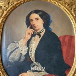 Ancien Huile sur toile portrait femme XIX ÈME signé C. Mussini 1858