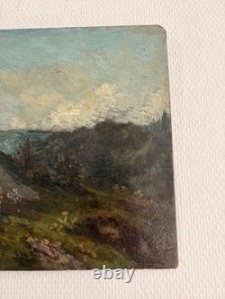 Ancien Peinture Huile Panneau bois P Reynaud Post Impressionnisme Paysage
