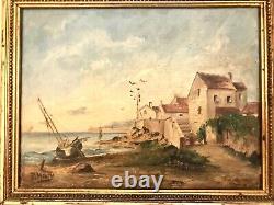 Ancien Petit Tableau Maritime 19ème /Huile sur Toile avec Cadre Doré