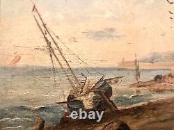Ancien Petit Tableau Maritime 19ème /Huile sur Toile avec Cadre Doré
