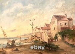 Ancien Petit Tableau Maritime 19ème /Huile sur Toile avec Cadre Doré