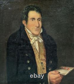 Ancien Portrait À L'huile Sur Toile, Figure Masculine Avec Lettre