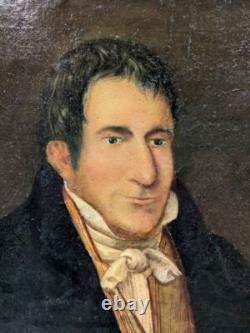 Ancien Portrait À L'huile Sur Toile, Figure Masculine Avec Lettre