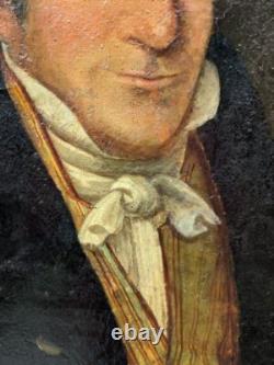 Ancien Portrait À L'huile Sur Toile, Figure Masculine Avec Lettre