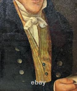 Ancien Portrait À L'huile Sur Toile, Figure Masculine Avec Lettre