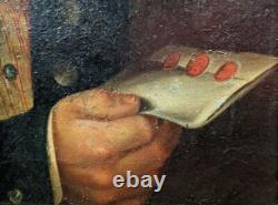 Ancien Portrait À L'huile Sur Toile, Figure Masculine Avec Lettre