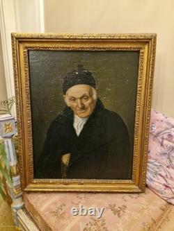 Ancien Portrait D'homme Huile Sur Toile Cadre Doré XIX Ème S