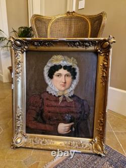 Ancien Portrait De Femme Huile Sur Toile Cadre Doré Époque XIX Ème S