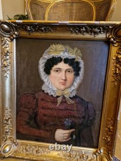 Ancien Portrait De Femme Huile Sur Toile Cadre Doré Époque XIX Ème S