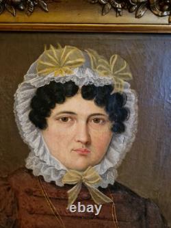 Ancien Portrait De Femme Huile Sur Toile Cadre Doré Époque XIX Ème S