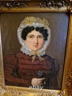 Ancien Portrait De Femme Huile Sur Toile Cadre Doré Époque XIX Ème S