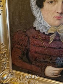 Ancien Portrait De Femme Huile Sur Toile Cadre Doré Époque XIX Ème S