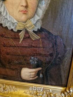 Ancien Portrait De Femme Huile Sur Toile Cadre Doré Époque XIX Ème S