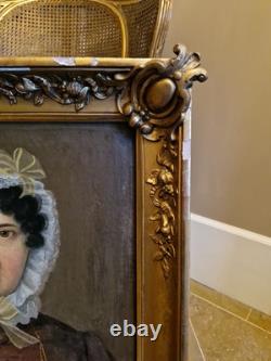 Ancien Portrait De Femme Huile Sur Toile Cadre Doré Époque XIX Ème S