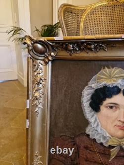Ancien Portrait De Femme Huile Sur Toile Cadre Doré Époque XIX Ème S