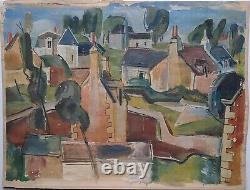 Ancien TABLEAU Huile sur Papier paysage aux maisons non signé Années 40