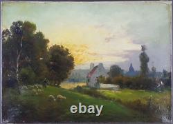 Ancien Tableau Campagne au Crépuscule Peinture Huile Moutons Antique Painting