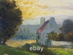 Ancien Tableau Campagne au Crépuscule Peinture Huile Moutons Antique Painting