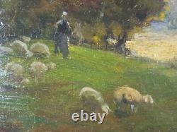 Ancien Tableau Campagne au Crépuscule Peinture Huile Moutons Antique Painting