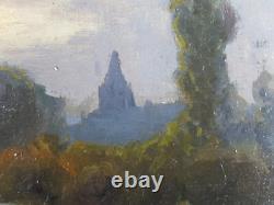 Ancien Tableau Campagne au Crépuscule Peinture Huile Moutons Antique Painting