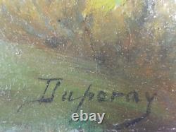 Ancien Tableau Campagne au Crépuscule Peinture Huile Moutons Antique Painting