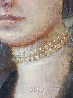 Ancien Tableau Dame au Collier de Perles Peinture Huile 1778 Antique Painting