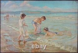 Ancien Tableau Enfants à la Plage Peinture Huile Impressionnisme Oil Painting