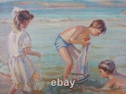 Ancien Tableau Enfants à la Plage Peinture Huile Impressionnisme Oil Painting
