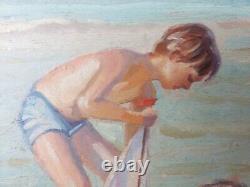 Ancien Tableau Enfants à la Plage Peinture Huile Impressionnisme Oil Painting