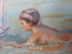 Ancien Tableau Enfants à la Plage Peinture Huile Impressionnisme Oil Painting