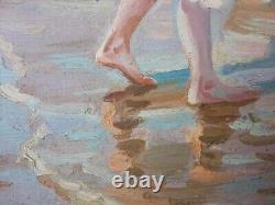 Ancien Tableau Enfants à la Plage Peinture Huile Impressionnisme Oil Painting
