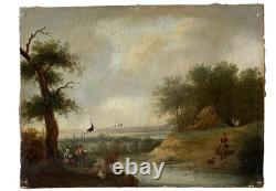 Ancien Tableau HST Paysage Animé Rivière 19ème Philippe Budelot A Restaurer